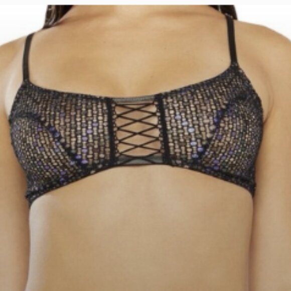 Savage X Fenty Other - Savage Fenty Disco Lace Up Bralette Black Sheer Wireless Glitter Bra (3X) ~NEW‎